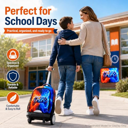 AGSDON Quiet Rolling Backpack with Lunch Box Set – Large‑Wheel Water‑Resistant Wheeled Bag for School, Outings, and Travel | Fire-Lightning Gaming 3‑Piece Organizer Backpack - color: Big Wheel Rolling Backpack Fire-lightning Gaming