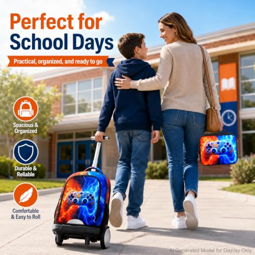 AGSDON Quiet Rolling Backpack with Lunch Box Set – Large‑Wheel Water‑Resistant Wheeled Bag for School, Outings, and Travel | Fire-Lightning Gaming 3‑Piece Organizer Backpack - color: Big Wheel Rolling Backpack Fire-lightning Gaming