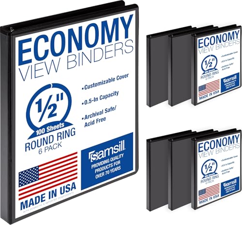 Samsill 0.5 Inch 3 Ring Binder, Economy Round Ring, Clear View Cover, 100 Sheet Capacity - for School, Home, Office - Black, 6 Pack - size: 6-Pack, style: 0.5 Inch