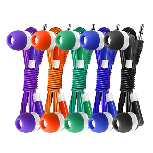 Keewonda 100 Pack Bulk Earbuds Headphones Assorted 5 Colors Individually Wrapped Disposable Earphones for Classroom, School, Library, Hospital, Students, Kids - 3.5mm Jack Tangle-Free - color: Mixed-Color