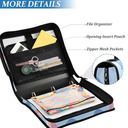 3 Ring Zipper Binder with Shoulder Strap Pink Bow Blue Pattern 1.5 inch Binders Keeper Large Capacity Multi Pockets for School Office Supplies - color: Multi475, size: Fit 500 Sheets