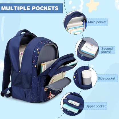 Bevalsa Kids Backpack for Boys with Bento Lunch Box, Insulated Bag & Utensils, 43oz Lunch Containers with 6 Compartment, School Bags for Elementary Middle School Student (Space) - color: Space