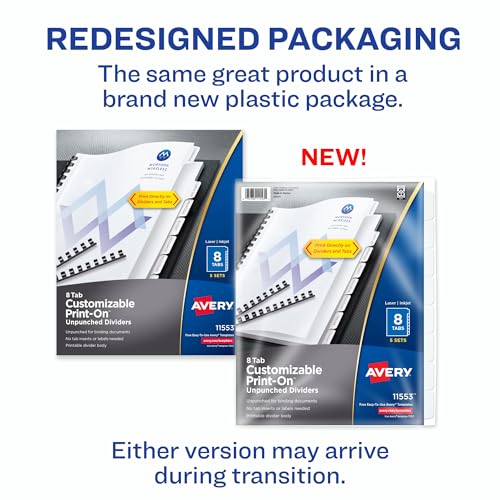 Avery Unpunched Print-On Dividers, White, 8 Tabs, 5 Sets (11553)