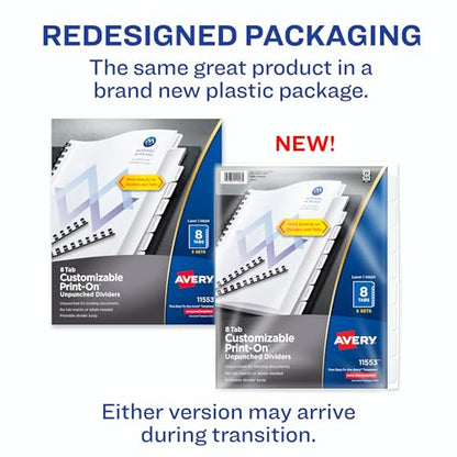 Avery Unpunched Print-On Dividers, White, 8 Tabs, 5 Sets (11553)