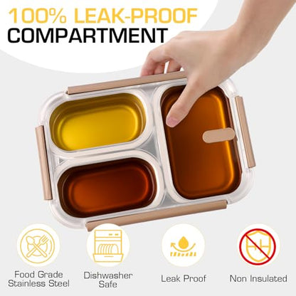 Stainless Steel Lunch Box, 3 Compartments Metal Bento Box for Kids, 25oz Lunch Container with Leakproof Lid, Divided Meal Prep Box for Adults, Kids - Ideal for Office, School, Healthy Eating - color: Mocha Khaki