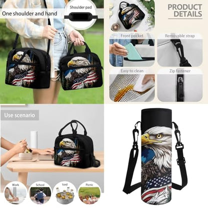 Horeset School Backpack Set for Boys 17inch Eagle American Flag Mountain Bookbags with Picnic Insulated Lunch Box Water Bottle Bag Large Capacity Middle School Bags Rucksack Kids 5-8 8-10 Years - color: Eagle American Flag Mountain