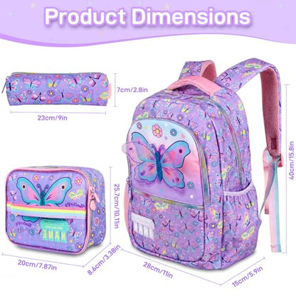 Kids Backpack for Girls with Lunch Box, Cute Butterfly Kids Elementary SchoolBag Middle-School Bookbag Back to School Gift - color: Butterfly