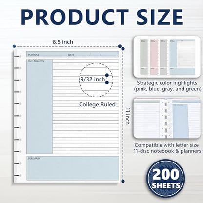 200 Sheet 11-Disc Cornell Notes Loose Leaf Paper 8.5×11 Inch for Discbound Planner Letter Size College Ruled Cornell Note Notebook 9/32" Spacing Note-Taking System Filler Paper for School Office 80gsm - size: Letter Size-11-Disc