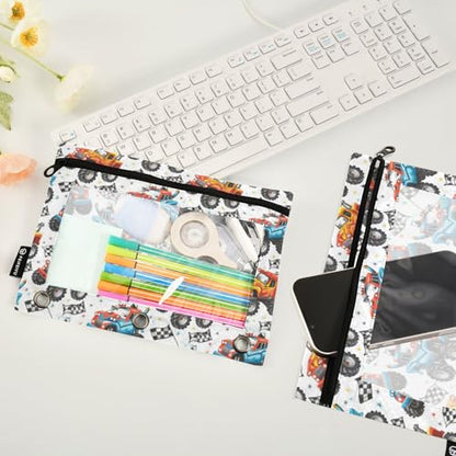 Binder Pencil Pouches Cartoon Monster Truck Pattern Pen Case | Clear Window 3 Rings, Cosmetic Bags School Office Supplies Cosmetic Makeup Bag 2 Psc - color: Monster Truck