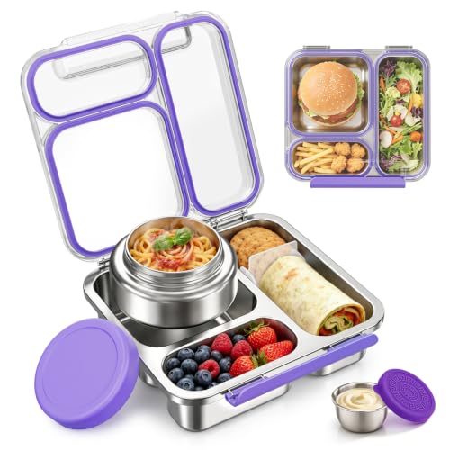 Pawtong Stainless Steel Bento Box Kids Adult with 7oz Insulated Food Jar, Transparent Lid Metal Lunch Box With Soup Thermal Jar, Lunch Box Container with Removable Divider & Sauce Cup School (Purple) - color: Purple