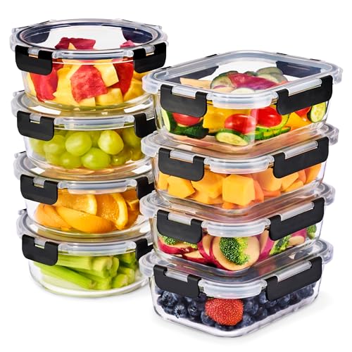 Sorbus Glass Meal Prep Containers, Dishwasher and Oven Safe Reusable Meal Prep Containers, Freezer Safe Glass Food Storage Containers with Airtight Lids - size: 4 Rectangular & 4 Round