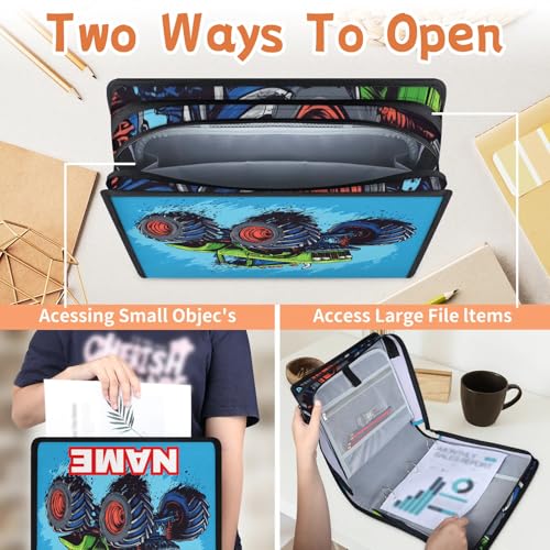 Custom Zipper Binder Green Monster Truck 3 Ring Binder 1.5 Inch Expanding Pockets File Folder Large Capacity Document Organizer Bag with Handle and Strap - color: Multi 4