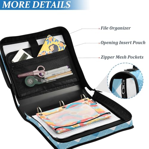 Argyle Blue and White Zipper Binder 3 Ring 1.5 Inch School Binder Organizer with Shoulder Strap Handle File Folder Pockets Large Capacity Students Girl Boy Men Office Work - color: Argyle Blue and White