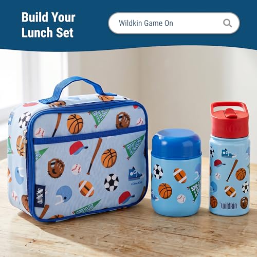 Wildkin Kids 10 oz Insulated Food Jar, Game On | Wide-mouth 10 oz jar keeps food hot up to 5 hrs and cold up to 7 hrs · includes two folding spoons · stainless steel interior - color: Game On