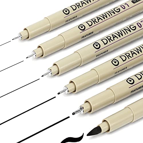 Muchcute Micro Fineliner Drawing Art Pens: 6 Black Fine Line Waterproof Ink Set Artist Supplies Archival Inking Markers Pigment Liner Journaling Sketch Outline Manga Anime Gifts Sketching Watercolor - color: 6 Tip Sizes
