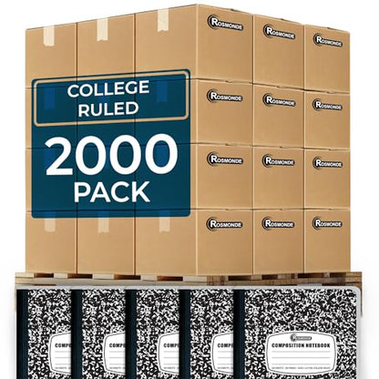 Rosmonde 2000 Pack (Pallet) Composition Notebooks Bulk, College Ruled, Full Pallet of Notebooks, 100 Sheets (200 Pages), 9-3/4 x 7-1/2, Bulk Notebooks for School, College & Office, 4-7 Days Transit - size: 2000 Pack, style: Black Marble