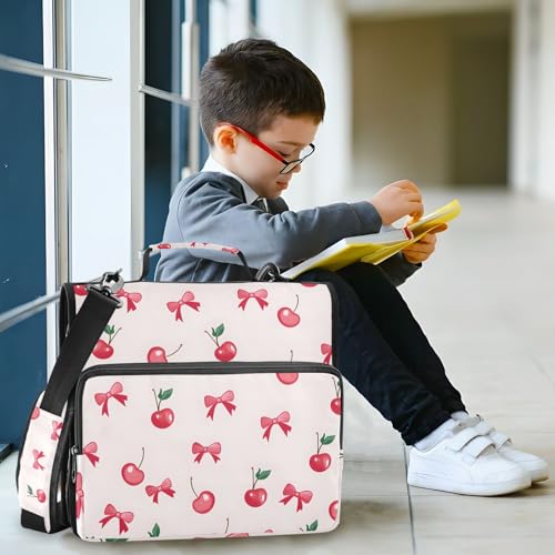 Cherry Bow Pattern 3 Ring Zipper Binder Bag Binder Organizer with Handle Shoulder Strap for School Work Office Supplies - color: Cherry Bow Pattern
