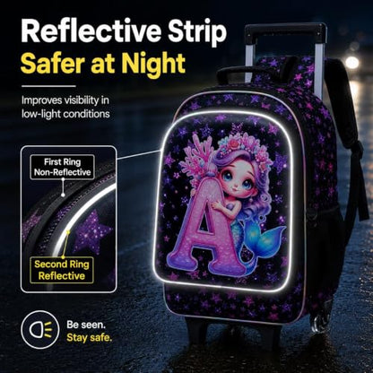 CCJPX 18" Mermaid Rolling Backpack for Girls, 3Pcs Kids Wheeled Bookbag with Lunch Box, Lightweight Roller School Bag for Elementary Preschool (Black) - color: A-star Mermaid