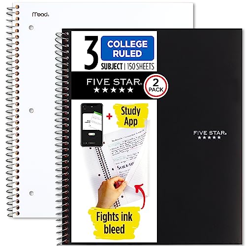Five Star Spiral Notebooks + Study App, 2 Pack, 3 Subject, College Ruled Paper, 11" x 8-1/2", 150 Sheets, Black, White (73015) - color: Black, White, size: 2 Pack