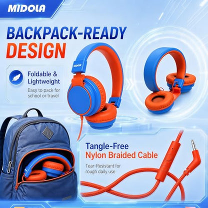 MIDOLA Kids Headphones for School Learning,Volume Limited 85/94dB, Foldable Lightweight Over-Ear Wired Headphones for Kids Toddler Girls Boys 3.5mm for Pad,Headsets with Built-in Mic Blue - color: Blue