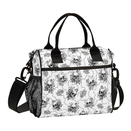 Skull Floral Lunch Bag & Lunch Box for Women with Adjustable Strap, M | Insulated Portable Lunch Totem Bag Cooler Bag for School Hiking Office Picnic - color: Multicolor, size: Medium