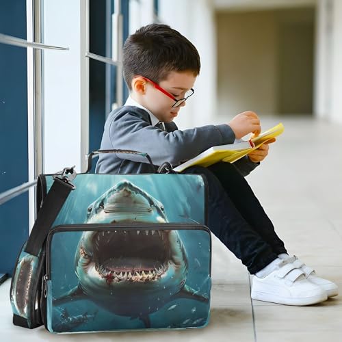 3 Ring Zipper Binder Shark Binder Organizer Portfolio with File and Shoulder Strap & Handle Large Capacity File Folder - color: Shark