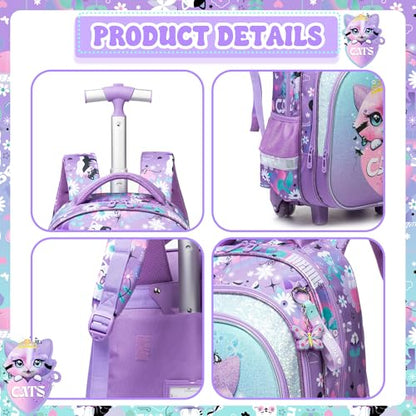 Meetbelify Cute Cat Girls Rolling Backpack with Wheels Kids Luggage for Elementary Students Trolley Trip Carry On Bag for Girls Ages 6-8 - color: 01 Cat