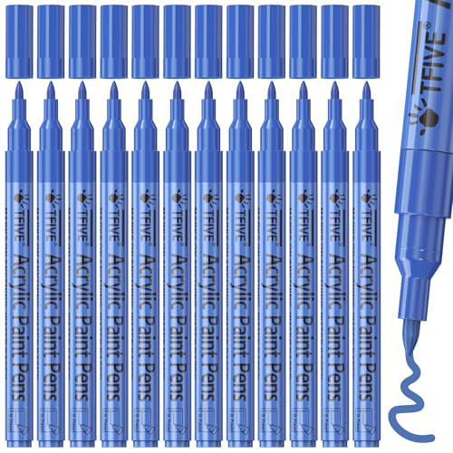 TFIVE 12 Blue Acrylic Paint Markers, Permanent Paint Pens Extra Fine Tip | Waterproof, Quick Dry, Fade Resistant, 0.7mm Water Based Marker Pen for Rock, Wood, Plastic, Metal, Glass, Rubber - color: Blue