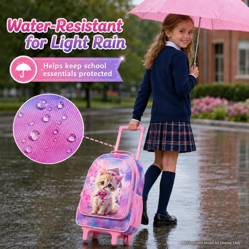gxtvo Girls Rolling Backpack, Cute Cat Roller Wheels Kids Bookbag - Wheeled Elementary School Bag - 3PCS Cat - color: Dr.cat Rolling Set