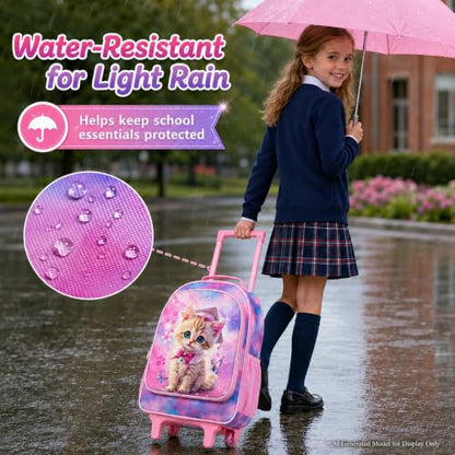 gxtvo Girls Rolling Backpack, Cute Cat Roller Wheels Kids Bookbag - Wheeled Elementary School Bag - 3PCS Cat - color: Dr.cat Rolling Set