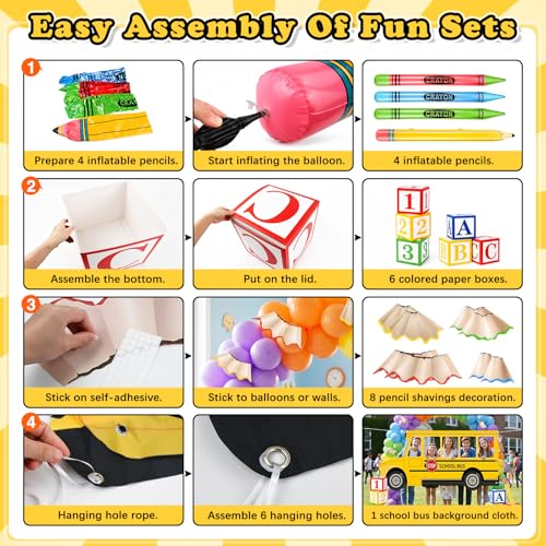 19 Pcs Back to School Decorations Set, School Bus Backdrop, Giant Inflatable Jumbo Crayons & Pencil Balloons, ABC 123 Letter Boxes for First Day of School Kindergarten Preschool Classroom Decor