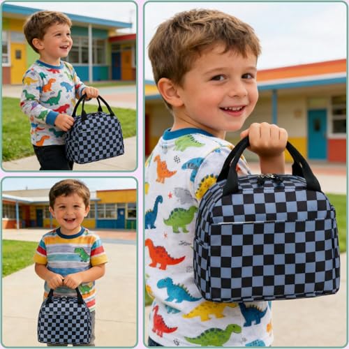 CAMTOP Boys Lunch Box Kids Insulated Lunch Bag Kids Cute Lunchbox for Boys Loncheras Para Niños - color: Gray Check