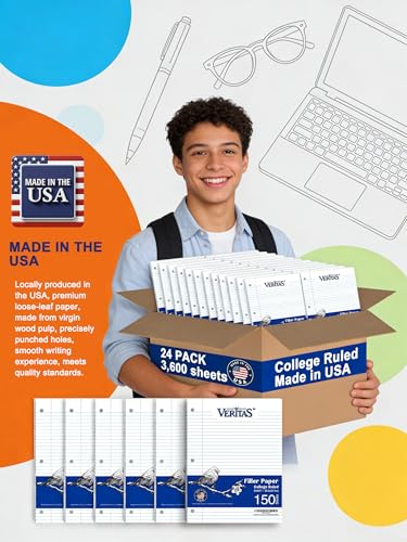 Loose Leaf Paper College Ruled, 8" x 10.5" Binder Filler Paper, 3 Hole Punched Notebook Paper, 3600 Sheets Total 24 Pack 150 Sheets/Pack, Bulk School & Office Supplies, Made in USA - color: College Ruled Filler Paper, size: 24 Pack (3600 Sheets)