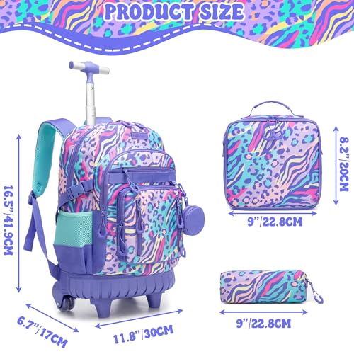 Kids Rolling Backpack Set with Lunch Bag,School Backpack for Girls with Wheels,Leopard Pattern Travel Backpacks for Kids Christmas Birthday Gift for Girls Ages 6-12 - color: Blue Purple Leopard