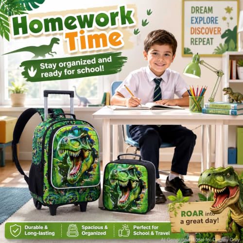 3Pcs Dinosaur Rolling Backpack for Boys, 18" Kids School Backpacks with Wheels, Roller Bookbag with Lunch Box for Preschool Toddler Elementary(Green)