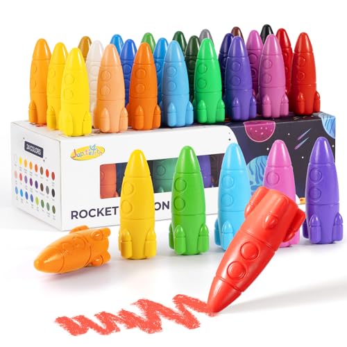 JUPITEARTH 24 Colors Crayons for Toddlers, Non-Toxic Washable Rocket Crayons, Easy-to-Hold Coloring Gifts & Mess-Free Art Supplies for Little Hands