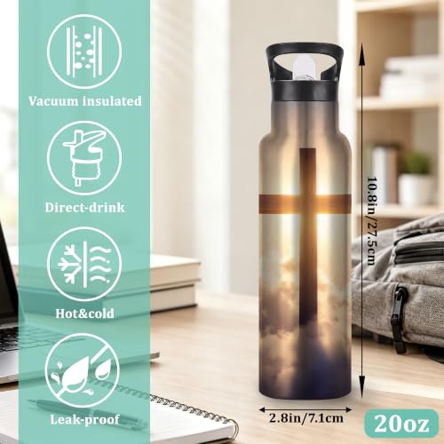 Cross Insulated Water Bottle,Cloud Sunset Stainless Steel Water Bottles 20 oz with Straw Lid,Leak Resistant Double Wall Insulated Flask with Handle for Travel Outdoor Gym - color: Cross,Cloud Sunset