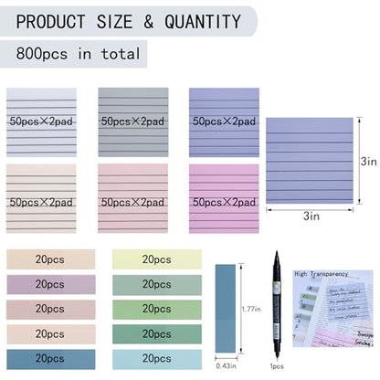 YOUDEFUL 800Pcs Transparent Sticky Notes, 3"x3" Clear Sticky Notes with Lined, Waterproof Translucent Sticky Note Pads for Books Annotation, Clear Post it Notes for Bible Study, School, Office - size: Square Line