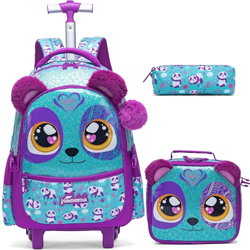 Meetbelify Rolling Backpack for Girls Backpacks with Wheels for Elementary Preschool Students Kids 3 in 1 Travel Luggage Carry on Suitcase with Lunch Box Pencil Case for Girls Age 8-10 - color: Blue Purple