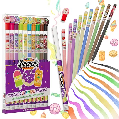 Colored Smencils - Patented Gourmet Scented Colored Pencils made from Recycled Newspapers, 10 Count, Gifts for Kids, School Supplies, Classroom Rewards - color: Multicolored