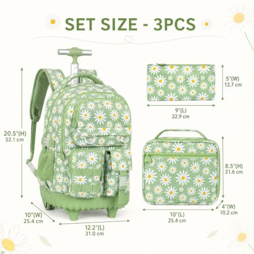 CCJPX 3Pcs Rolling Backpack for Girls, Roller Wheeled School Bookbag, Daisy Wheels Backpacks with Lunch Box for Kids (Green) - color: Daisy Green