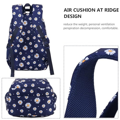 Glodwheat Daisy Printed Backpack For Girls- 3Pc Set With Lunch Box & Pencil Case, Lightweight Water-Resistant Bookbag For Elementary School - color: Navy