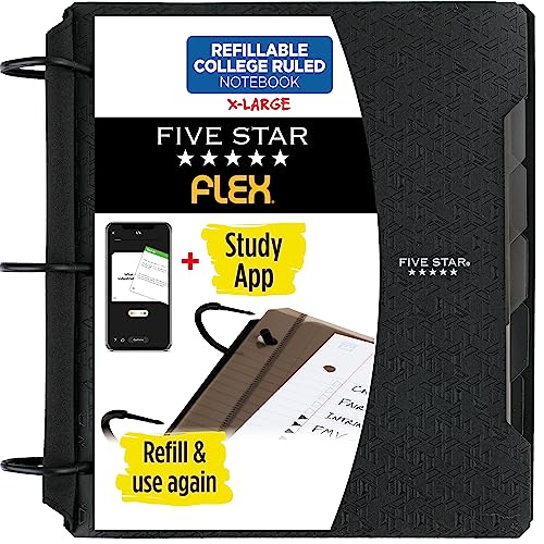 Five Star Flex Refillable Notebook + Study App, College Ruled Paper and 1-1/2 Inch TechLock Ring Binder with Pockets, Tabs and Dividers, 300 Sheet Capacity, Black (29324AA2) - color: Black, size: 1 Pack