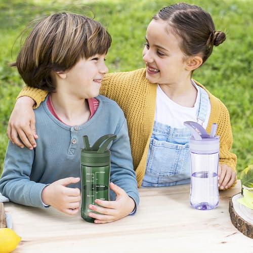 14oz Clear Kids Water Bottle with Straw Lid, BPA-Free Tritan, Measurement Scale, Sturdy Handle Wide Mouth Leak-proof Reusable Plastic Bottle for Boy& Girls, Back to School（Army Green） - color: Army Green
