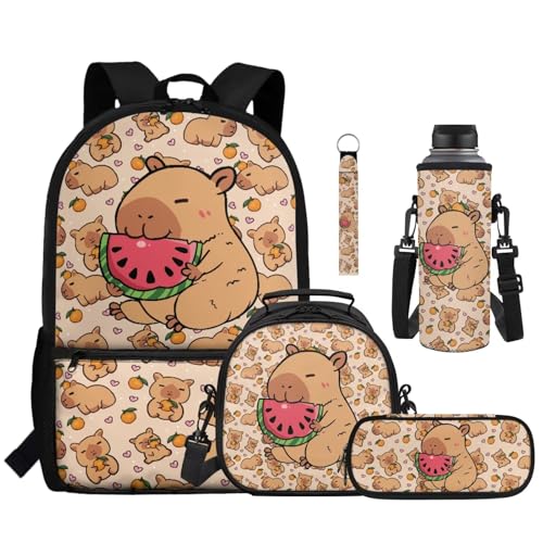 Cute Capybara School Backpack Set for Kids 5 Pieces with Lunch Bag Pencil Case and Bottle Carrier Large Capacity Backpack for Elementary and Middle School - color: Cute Capybara-b