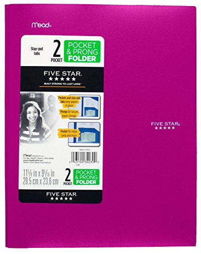 Five Star 2-Pocket Folder, Stay-Put Folder, Plastic Colored Folders with Pockets & Prong Fasteners for 3-Ring Binders, For Home School Supplies & Home Office, 11” x 8-1/2”, Pink/Purple (72117) - color: Purple