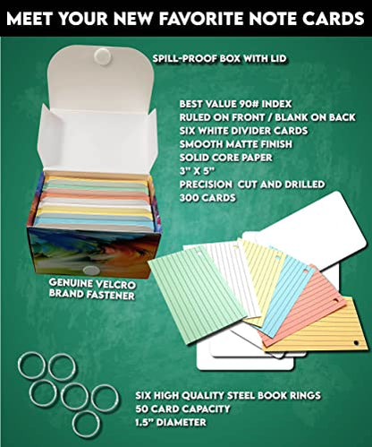 Made in USA – Debra Dale Designs Ruled Note Cards with Rings – 300-Pack 3"x5" – 6 Pastel Colors – Secure Storage Box Included