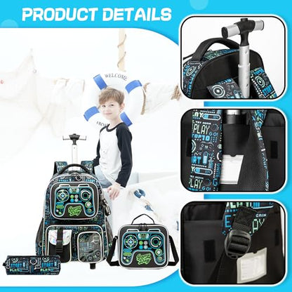 16inch Rolling Backpacks for Boys School Backpacks with Wheels for Elementary Preschool Students Kids Travel Luggage Suitase for Boys - color: Black Game