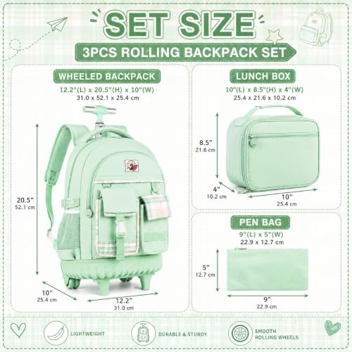 gxtvo 3PCS Womens Rolling Backpack for Girls, Wheeled Bookbag with Lunch Box for Adults, Water Resistant Roller School Bag for College Teens Kids Travel - Green - color: 3pcs Set Green