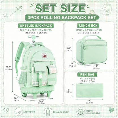 gxtvo 3PCS Womens Rolling Backpack for Girls, Wheeled Bookbag with Lunch Box for Adults, Water Resistant Roller School Bag for College Teens Kids Travel - Green - color: 3pcs Set Green